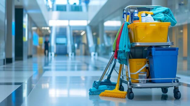 ai-generated-cleaning-supplies-and-cart-in-a-modern-office-corridor-photo