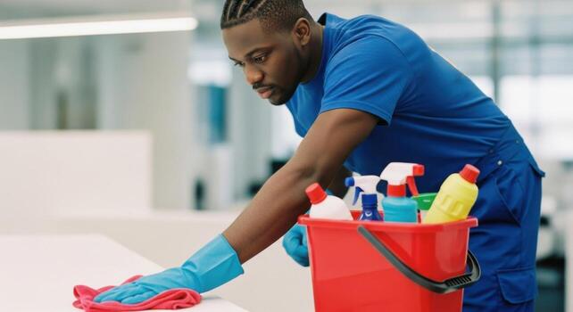 professional-african-american-man-cleaning-office-desk-with-cloth-and-cleaning-supplies-photo